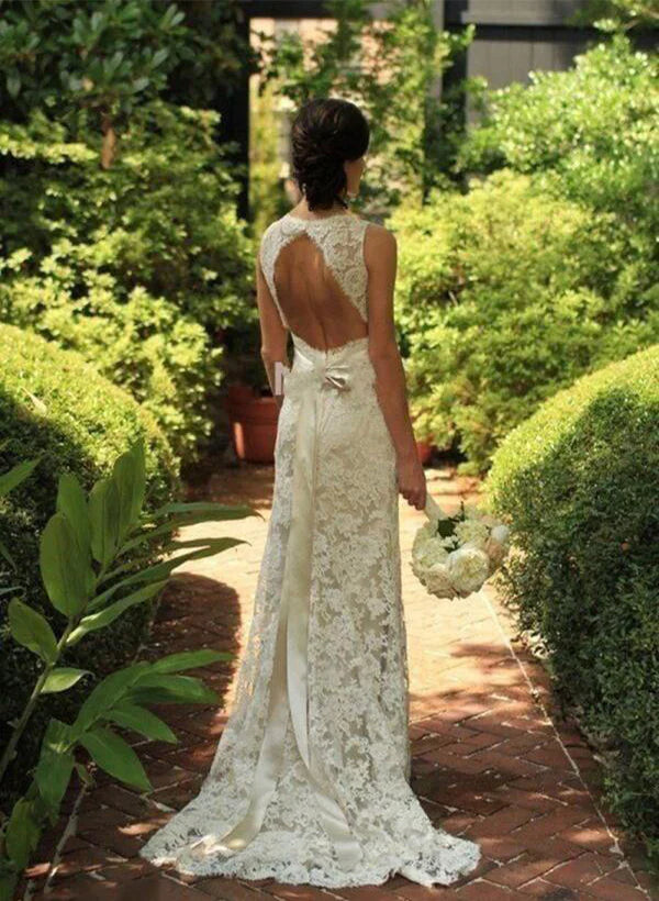 Lace Sheath/Column V-Neck Wedding Dresses With Bow(S) Sweep Train Sleeveless Elegant