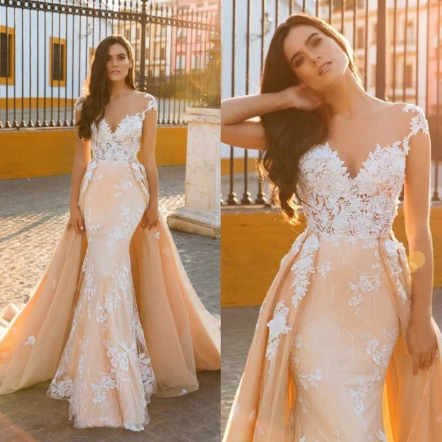 Cap Sleeve Sweetheart Mermaid Wedding Dress With Lace Appliques And Panel Train Elegant