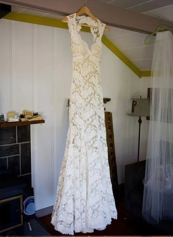 Lace Sheath/Column V-Neck Wedding Dresses With Bow(S) Sweep Train Sleeveless Elegant