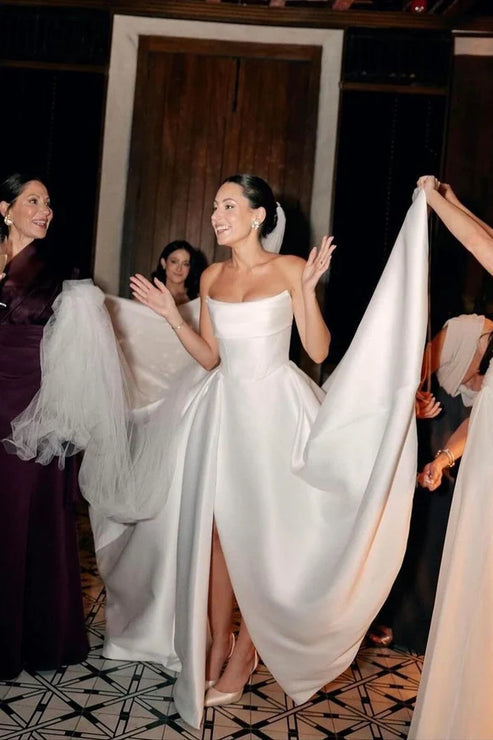 White Strapless Satin A-Line Wedding Dresses Off Shoulder With Slit