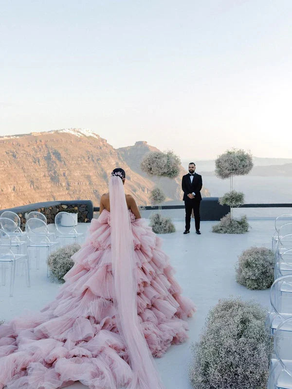 Layers Tulle Ball Gown Wedding Dress Drama Pink Wedding Dress Off Shoulder Without Wedding Veil
