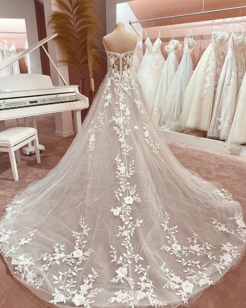 Fairy A Line Sweetheart Tulle Long Wedding Dresses with Appliques Off Shoulder Beautiful