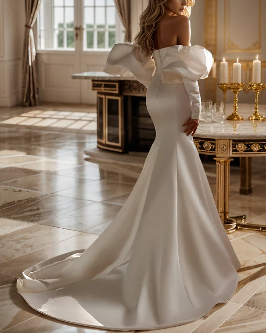 Elegant Long Sleeves Court Train Satin Wedding Dresses Off Shoulder Floor Length Elegant Sexy