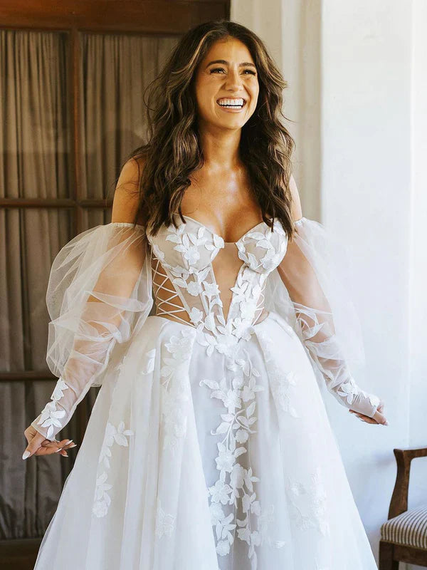 A-Line Off The Shoulder Long Sleeves Lace Appliques Bohemian Wedding Dress Sexy