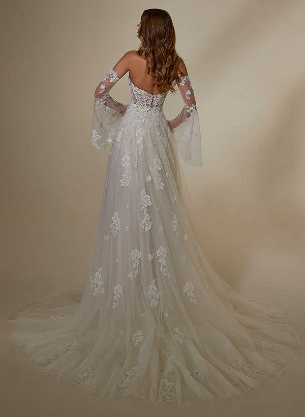 Sweetheart Long Sleeves Lace Wedding Dresses With Detachable Train Off Shoulder Beautiful