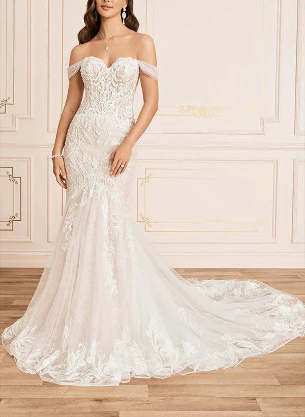 Off The Shoulder Lace Mermaid Wedding Dress Floor Length Elegant Beautiful
