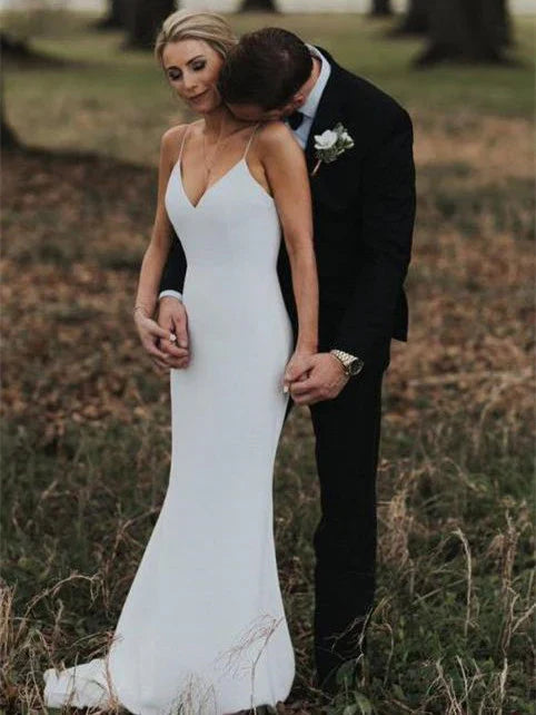 Simple Wedding Dresses Mermaid Spaghetti Straps Long Satin Bridal Gowns Elegant