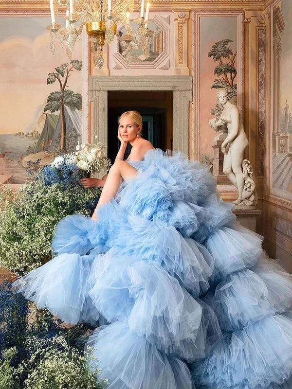 Drama Ball Gown Wedding Dress Blue Tiered Tulle Wedding Dress Off Shoulder Elegant