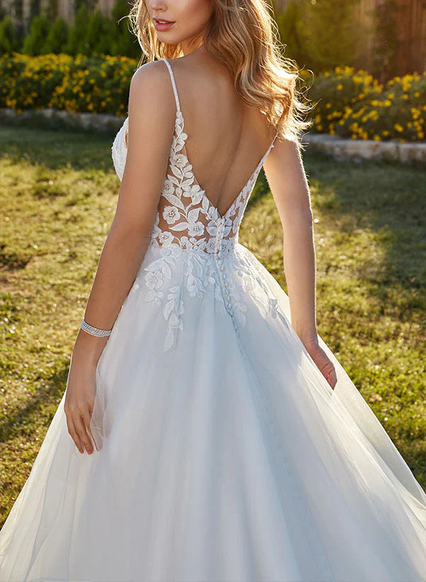 Sweetheart Sleeveless Sweep Train Tulle Wedding Dresses With Lace Floor Length