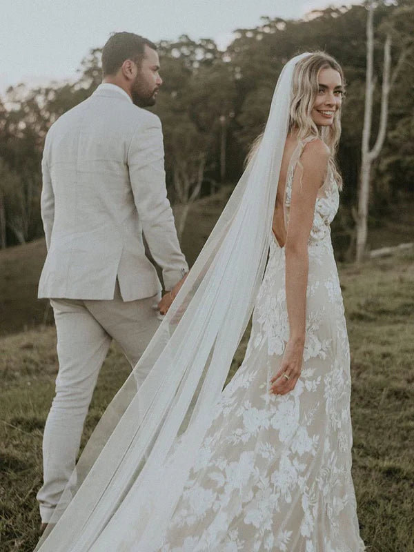 Long Sheath Wedding dresses Lace V-neck Bridal Gowns Floor Length Sexy Elegant