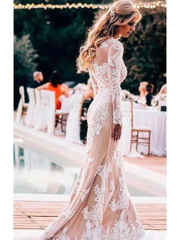 Delicate Lace Appliqued Mermaid Wedding Dresses With Long Sleeves Elegant