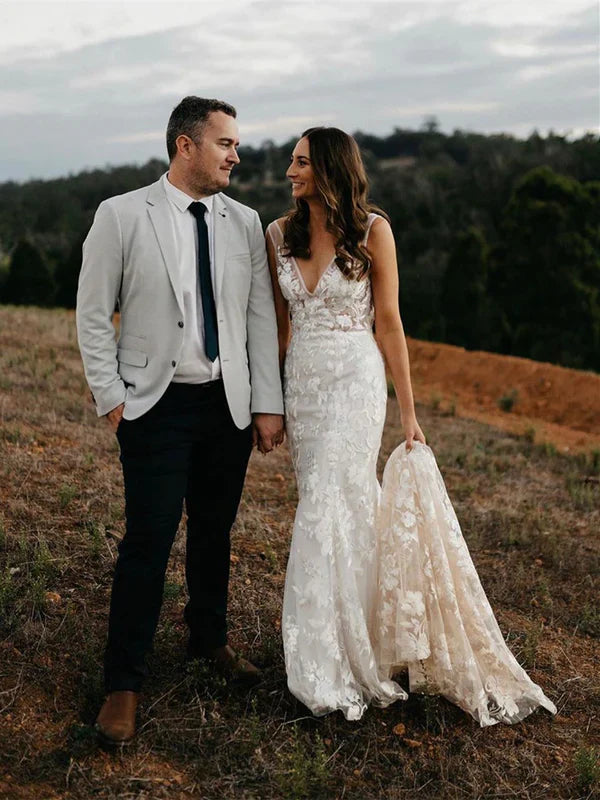 Long Sheath Wedding dresses Lace V-neck Bridal Gowns Floor Length Sexy Elegant