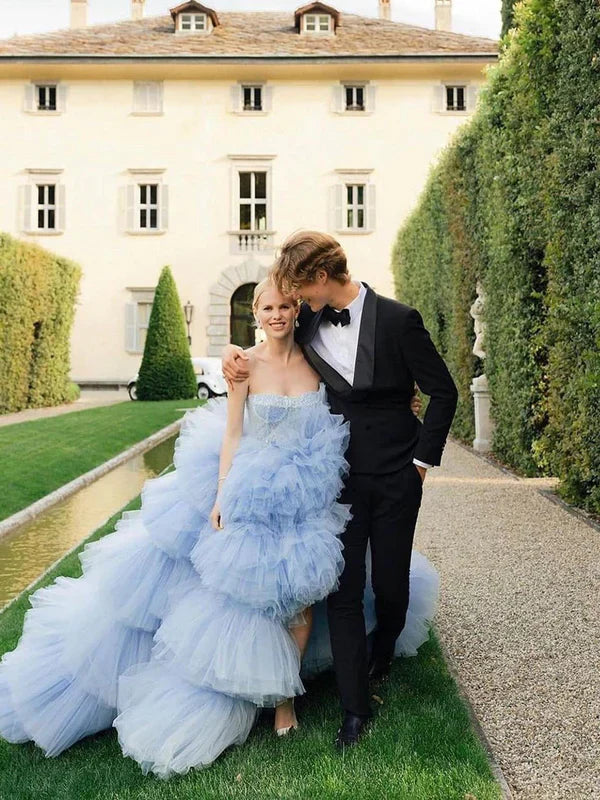Drama Ball Gown Wedding Dress Blue Tiered Tulle Wedding Dress Off Shoulder Elegant