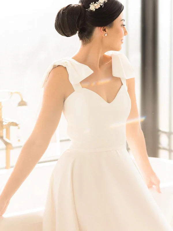 A Line Satin Wedding Gown Sweetheart Neck Wedding Dress With Bowtie Straps Solid Color