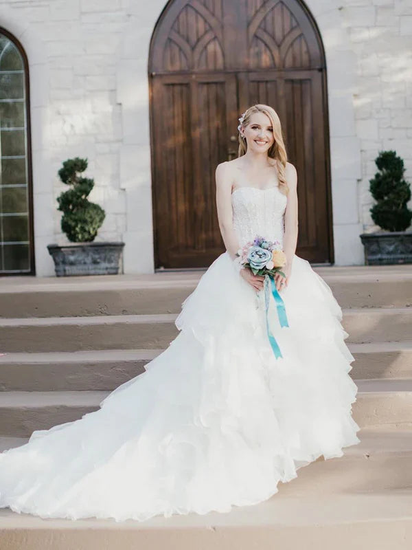 Simple Strapless Off-The-Shoulder Tulle Tiered Princess Wedding Dresses Gowns Beautiful