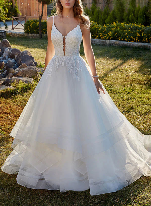 Sweetheart Sleeveless Sweep Train Tulle Wedding Dresses With Lace Floor Length