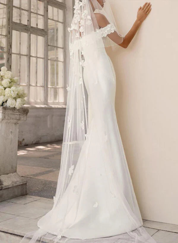 Off The Shoulder Satin Court Train Wedding Dress Trumpet/Mermaid With Appliques Lace With Flowers