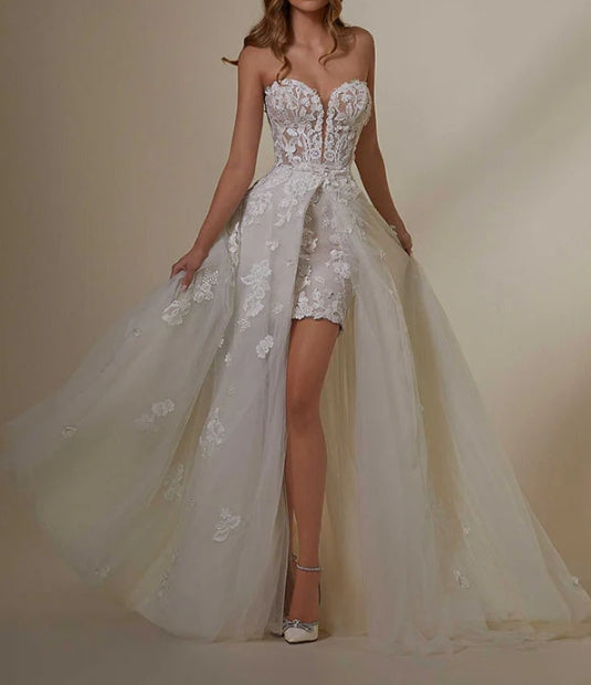 Sweetheart Long Sleeves Lace Wedding Dresses With Detachable Train Off Shoulder Beautiful