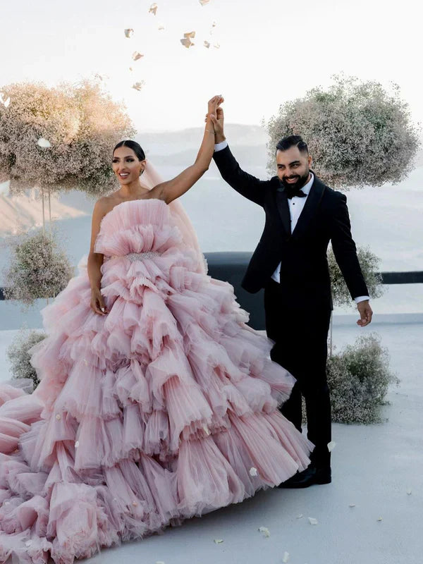 Layers Tulle Ball Gown Wedding Dress Drama Pink Wedding Dress Off Shoulder Without Wedding Veil