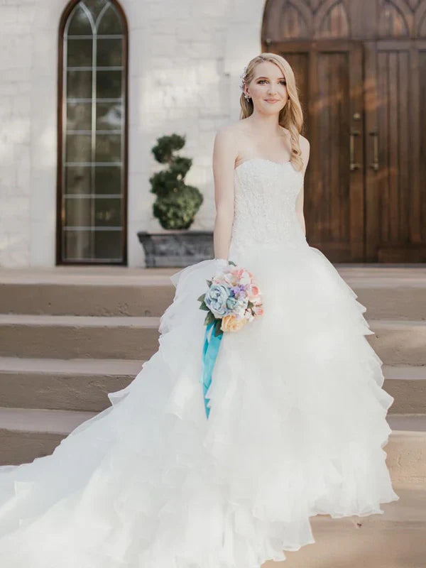 Simple Strapless Off-The-Shoulder Tulle Tiered Princess Wedding Dresses Gowns Beautiful