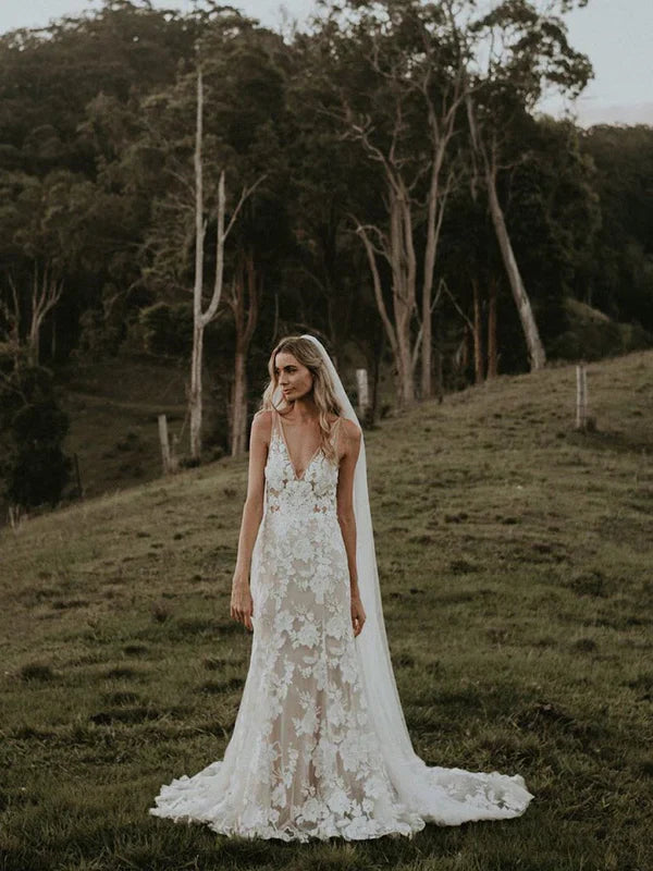 Long Sheath Wedding dresses Lace V-neck Bridal Gowns Floor Length Sexy Elegant