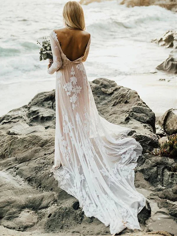 Charming Bateau Lace Wedding Gowns Long Sleeves A-line Wedding Dresses Elegant