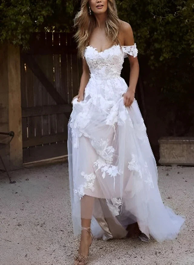 Off-The-Shoulder Tulle Lace Wedding Dress With Appliques Lace Floor Length Elegant