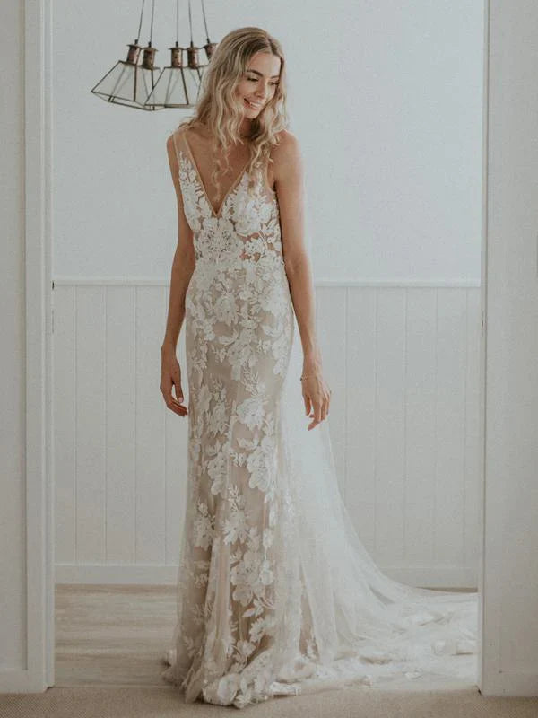 Long Sheath Wedding dresses Lace V-neck Bridal Gowns Floor Length Sexy Elegant