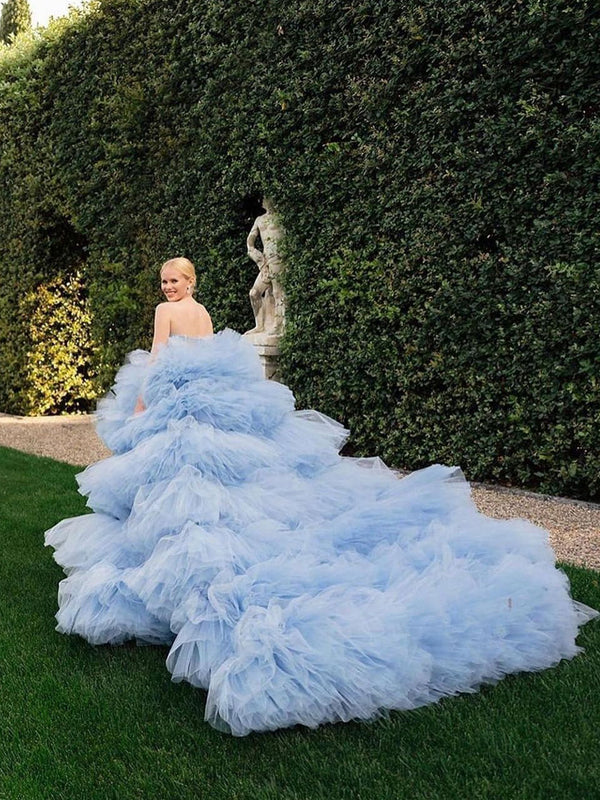 Drama Ball Gown Wedding Dress Blue Tiered Tulle Wedding Dress Off Shoulder Elegant
