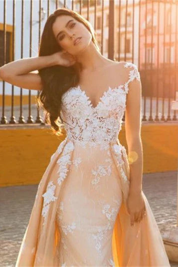 Cap Sleeve Sweetheart Mermaid Wedding Dress With Lace Appliques And Panel Train Elegant