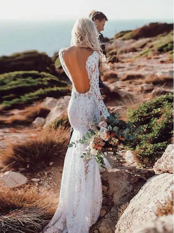 Long Sleeves Lace Wedding Dresses Mermaid Backless Bridal Gowns Open Back Elegant