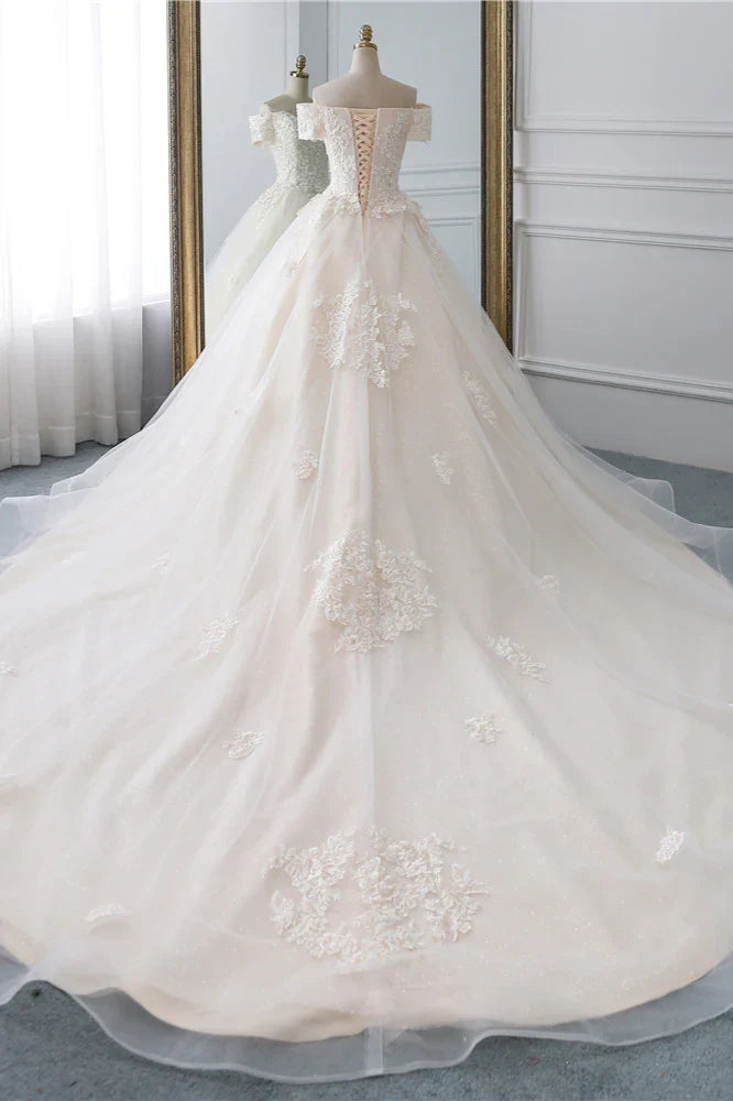 Princess Off The Shoulder Tulle Wedding Dress With Lace Appliques Elegant Beautiful