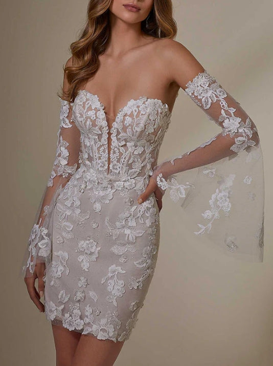 Sweetheart Long Sleeves Lace Wedding Dresses With Detachable Train Off Shoulder Beautiful