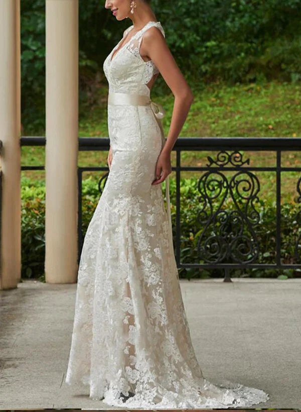 Lace Sheath/Column V-Neck Wedding Dresses With Bow(S) Sweep Train Sleeveless Elegant