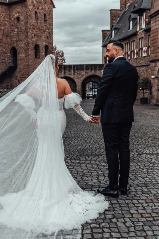 Bubble Sleeve Sweetheart Mermaid Wedding Dress With Lace Off Shoulder Floor Length