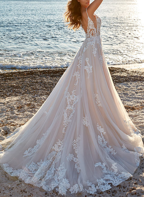A-Line V-Neck Sweep Train Tulle Bridal Gown Floor Length Wedding Dress with Appliques