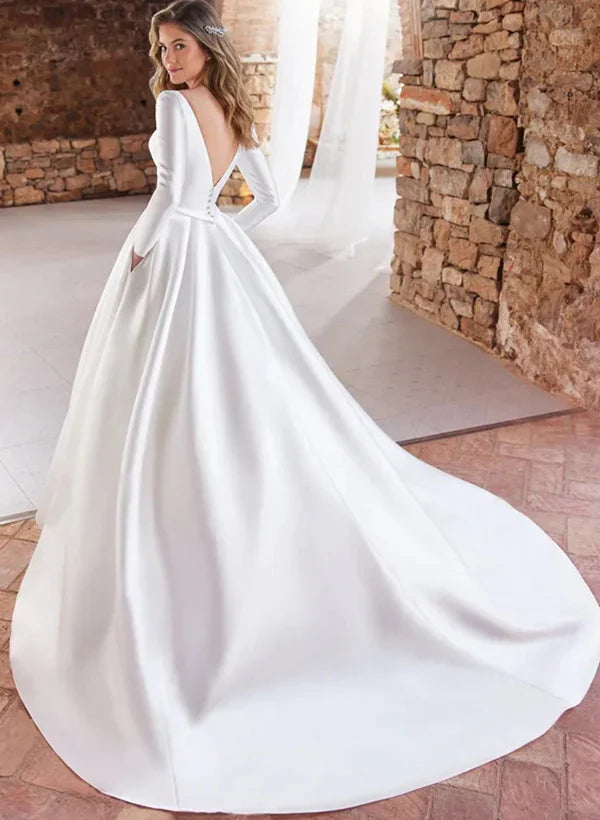 Ball-Gown Long Sleeves Wedding Dresses With Satin Open Back V-neck Floor Length Elegant