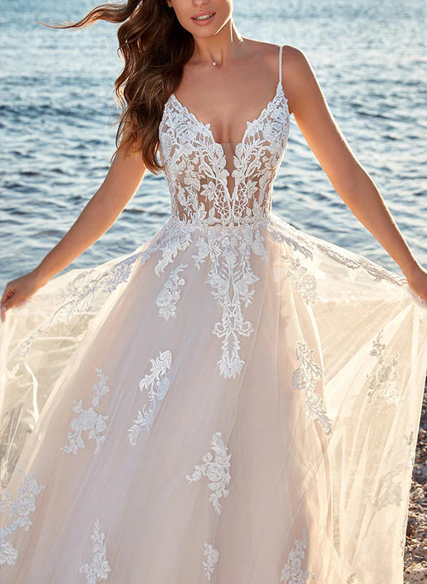 A-Line V-Neck Sweep Train Tulle Bridal Gown Floor Length Wedding Dress with Appliques