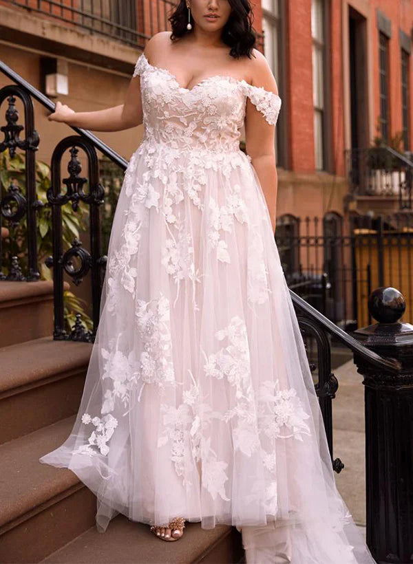 Off-The-Shoulder Tulle Lace Wedding Dress With Appliques Lace Floor Length Elegant