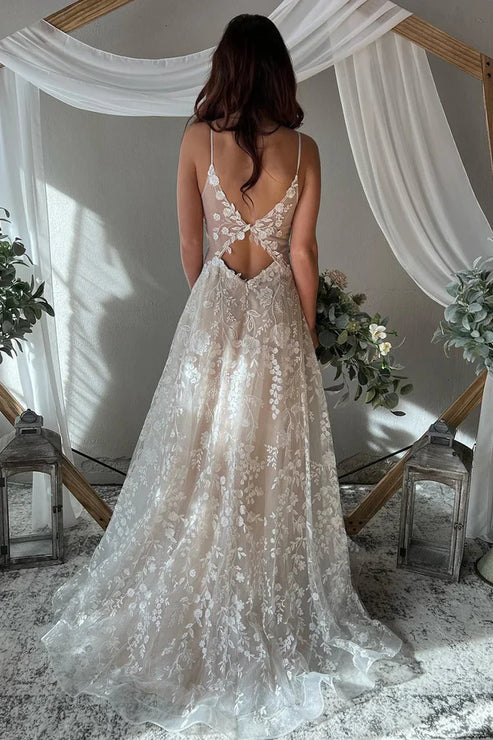 Exquisite A-Line V Neck Lace Boho Wedding Dresses Floor Length Beautiful