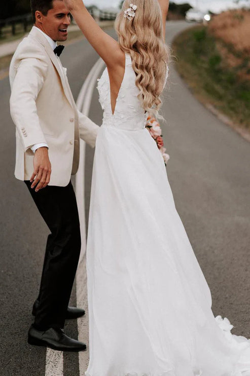 Elegant A-Line V Neck White Chiffon Wedding Dress with Appliques Beautiful