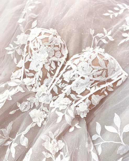 Fairy A Line Sweetheart Tulle Long Wedding Dresses with Appliques Off Shoulder Beautiful