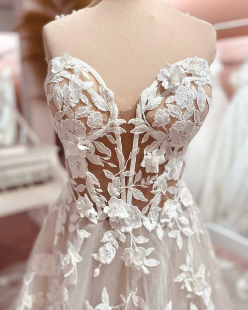 Fairy A Line Sweetheart Tulle Long Wedding Dresses with Appliques Off Shoulder Beautiful