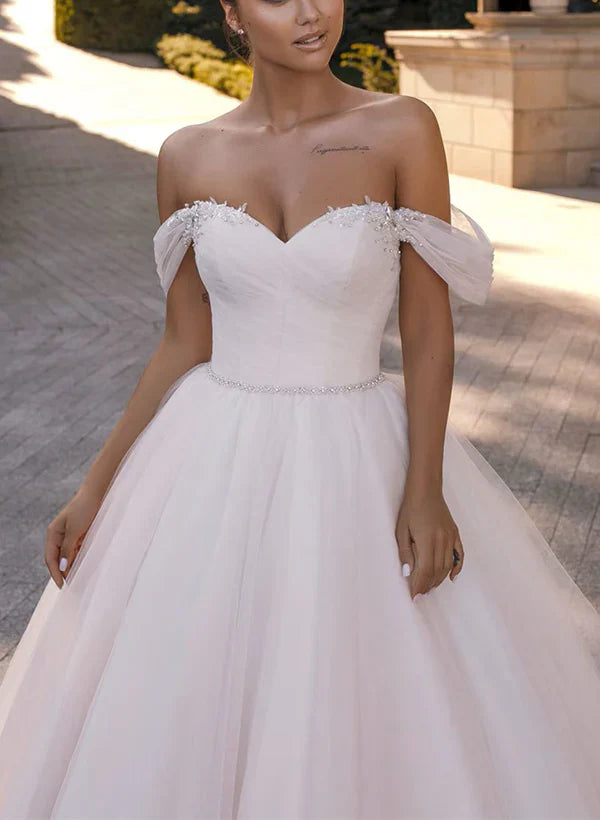 Vintage Tulle Wedding Dress Off Shoulder With Sleeves Floor Length Elegant Sexy