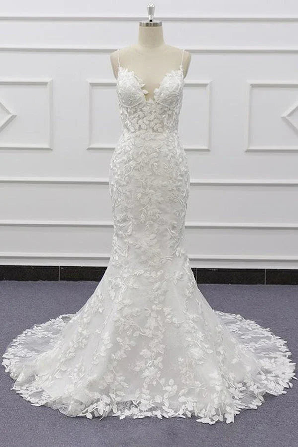 White Tulle Wedding Dress Lace Appliques Spaghetti Straps Mermaid Bridal Dress Open Back