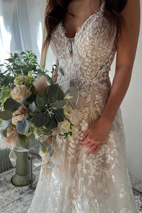 Exquisite A-Line V Neck Lace Boho Wedding Dresses Floor Length Beautiful
