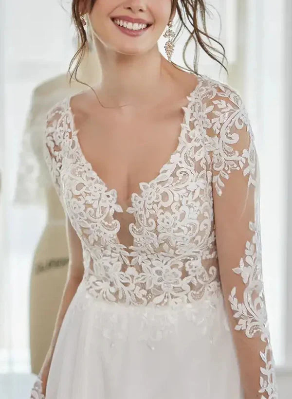 Elegant A-Line V-Neck Wedding Dresses With Long Sleeves And Split Front Floor Length