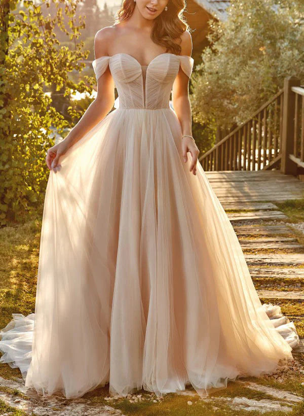 Sweetheart Sweep Train Tulle Ball-Gown Wedding Dresses Off Shoulder Floor Length Elegant
