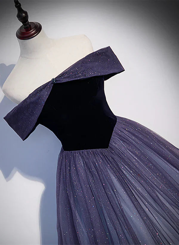 Sparkling Purple Gradient Tulle Off Shoulder A-line Purple Evening Dress Prom Dress Elegant