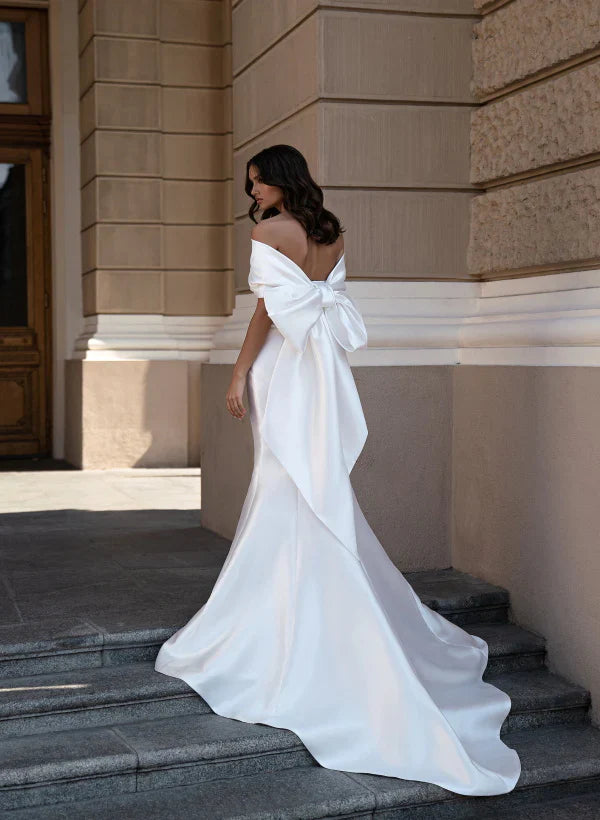 Off-The-Shoulder Sleeveless Satin Sweep Train Wedding Dress With Bow(s) Floor Length Simple